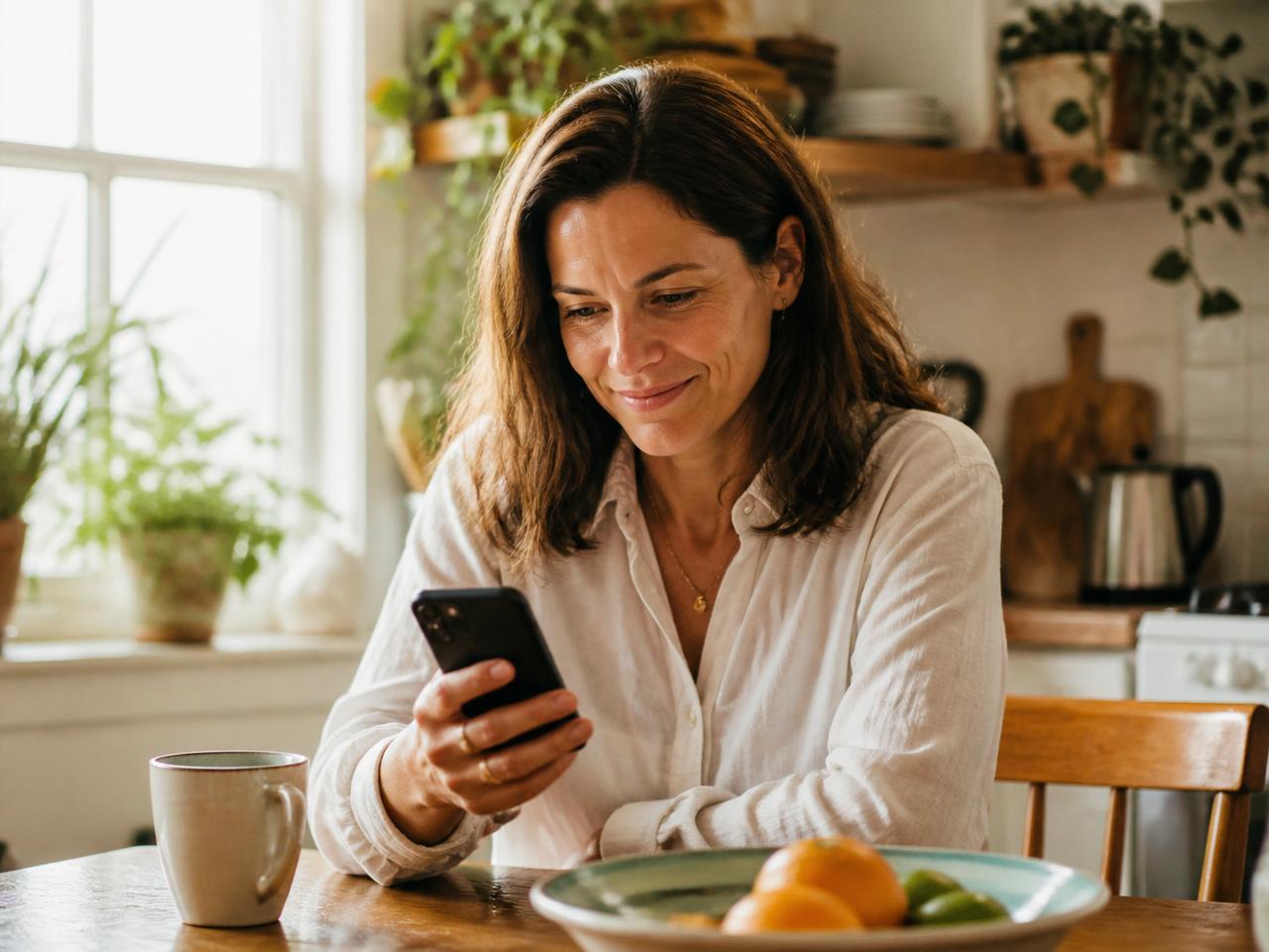Adult daughter checking the Vigilo app in her kitchen